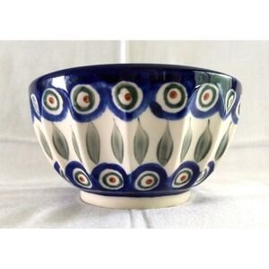 Polish Pottery Fluted Bowl MoMo Panache Blue Peacock Boleslawiec Cereal Soup NWT